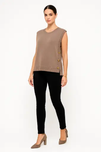 Sleeveless taupe knit top with side button detailing